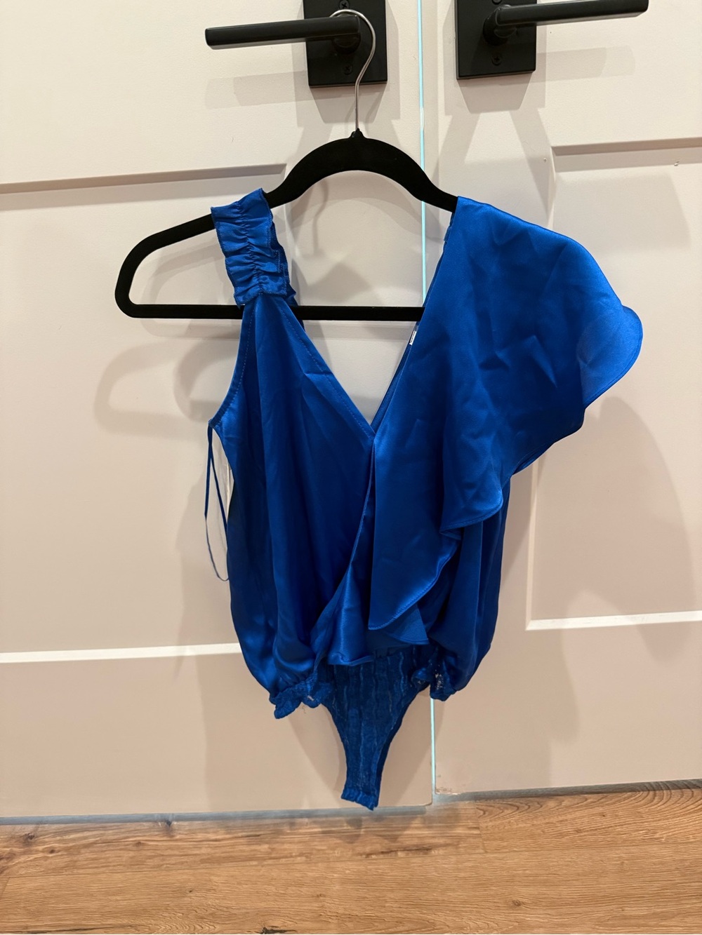 glam Electric Blue One-Shoulder Ruffle Bodysuit